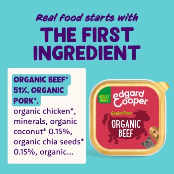 Edgard & Cooper Organic Beef dog food pack with 'THE FIRST INGREDIENT' headline and 'ORGANIC BEEF 51%' label