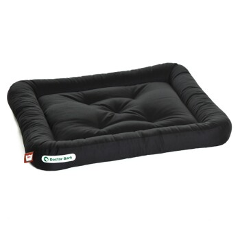 Schwarzes rechteckiges Haustierbett mit gepolstertem Design, beschriftet mit 'Doctor Bark' an der Seite.