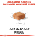 Image d'un morceau de croquette avec un contour esquissé, comportant le texte "CROQUETTES CONÇUES POUR VOTRE YORKSHIRE TERRIER" et "TAILOR-MADE KIBBLE."