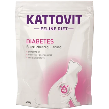Kattovit Feline Diet Diabetes voedselverpakking, 400g, met een katten silhouet en tekst over bloedsuikercontrole, hoog eiwitgehalte en laag koolhydraatgehalte.