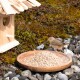 Ein kleiner brauner Vogel steht neben einem Holzvogelhaus und einem runden Holzbrett, das mit Vogelfutter gefüllt ist, umgeben von Kieselsteinen und Moos.