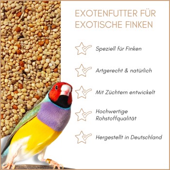 Vogelfuttermischung mit zwei exotischen Finken und deutschem Text, der Qualität, Vielfalt, Züchterentwicklung und Herstellung in Deutschland hervorhebt.
