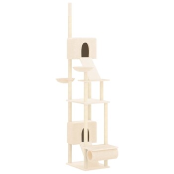 Katzenbaum mit mehreren Ebenen, einem gemütlichen Versteck und einer Rampe, gestaltet in einer sanften beige Farbe.
