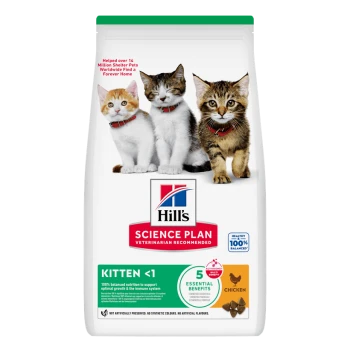 Hill's Science Plan kitten food bag with three kittens, labeled "Kitten <1", "Chicken" and "5 Essential Benefits"