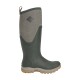 Grüner Gummistiefel mit grauem Stoffoberteil, mit einer strukturierten Sohle und einem Zugband, ideal für Outdoor-Aktivitäten.