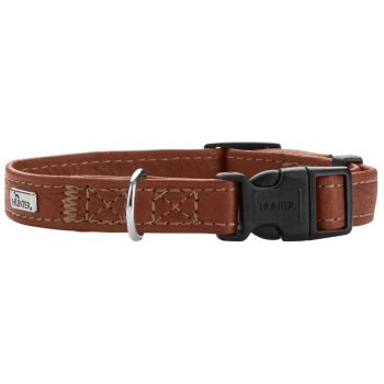 Brauner Lederhundehalsband mit schwarzem Schnallenverschluss und silbernem D-Ring, mit dem Logo "HUNTER."