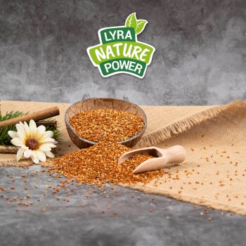 Eine Holzschüssel mit goldbraunen Samen auf Jute, mit einigen verschüttet, einem Schaufel in der Nähe und "LYRA NATURE POWER" darüber.