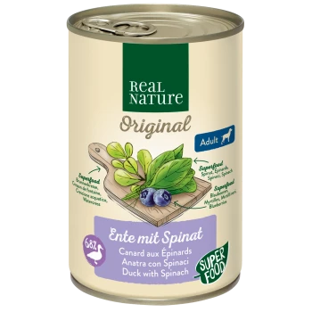 Dose mit Real Nature Original Hundefutter, das Ente mit Spinat enthält, gekennzeichnet als 'Superfood', mit Zutaten wie Spinat und Heidelbeeren.