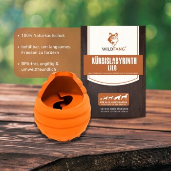 Oranges Hundespielzeug aus Naturkautschuk, beschriftet mit "Kürbislabyrinth Lilo", fördert langsames Füttern; BPA-frei und umweltfreundlich.