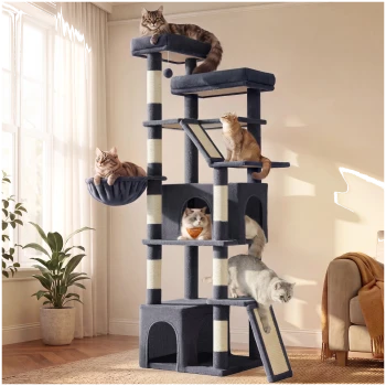 Grauer mehrstufiger Kratzbaum mit Sisalstämmen, Hängematte, Rampen und Höhlen, in denen fünf Katzen in einem sonnenbeschienenen Wohnzimmer sitzen