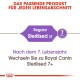 Bild eines Etiketts für ein Haustierfutterprodukt mit 'Regular Sterilised 37' für Haustiere über 7 Jahre, mit einem Hinweis, auf 'Royal Canin Sterilised 7+' umzusteigen.