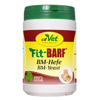 Behälter von cdVet Fit-BARF BM-Hefe (BM-Yeast) mit einem grünen Deckel, mit einem gelben und roten Etikett, das "100% NATUR" angibt.