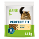 Sac de nourriture pour chats Perfect Fit senior (7+) avec image d'un chat à poils longs ; texte : 'PERFECT FIT', 'SÉNIOR 7+', 'RICHE EN POULET', '1,4 kg'