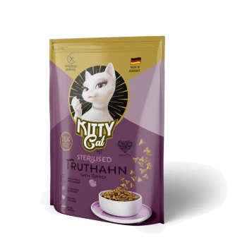 Kitty Cat sterilisiertes Katzenfutter mit Truthahn, getreidefrei, hergestellt in Deutschland, mit einer Schale Trockenfutter auf der Verpackung.