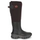 Schwarzer und brauner wasserdichter kniehoher Outdoor-Stiefel mit robustem Profil und orangefarbenem Bison-Logo mit der Aufschrift „Gateway 1“.