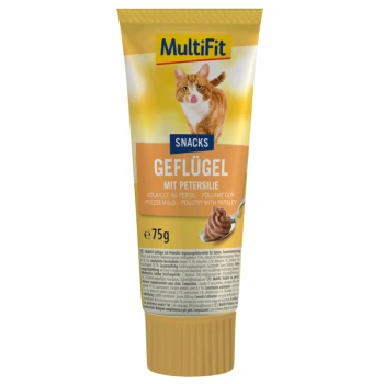 MultiFit Katzenleckerlis in einer Tube mit Geflügel und Petersilie, 75 g. Enthält ein Katzenbild und Text, der die Zutaten und die Verwendung beschreibt.