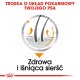 Ilustracja układu pokarmowego psa z strzałkami, z tekstem "Troska o układ pokarmowy twojego psa" oraz "Zdrowa i lśniąca sierść."