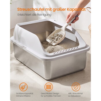 Graue, mit Edelstahlelementen versehene abgedeckte Katzentoilette mit Schaufel, die Klumpen hebt; sichtbarer Text: „Streuschaufel mit großer Kapazität“ und „Erleichtert die Reinigung“.