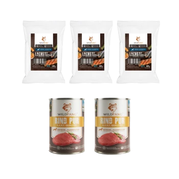 Fünf Wildfang Tiernahrungsprodukte: drei 100g Packungen Lachs und Forelle und zwei Dosen Rindfleisch B.A.R.F. Qualitätsfutter.