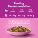 Feeding recommendation chart for kittens with suggested daily amounts: <3 months (45-55g), 4-5 months (65-75g), 6-12 months (70-80g).
