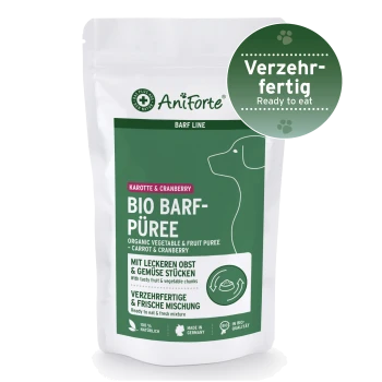 Bio-Gemüse- und Obstpüree für Hunde, mit Karotte und Cranberry, beschriftet mit 'Fertig zu essen' auf Deutsch, mit einer Hundesilhouette.