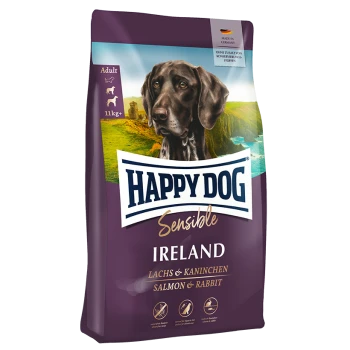 Worek karmy dla psów oznaczony "Happy Dog Sensible Ireland," z brązowym psem, z składnikami "Łosoś i Królik" oraz wagą 11 kg.