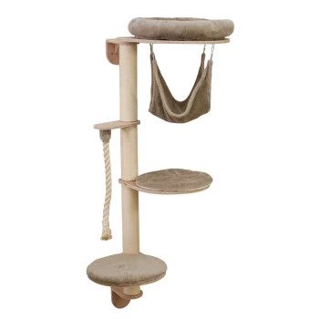 Beiger wandmontierter Katzenbaum mit drei Plattformen, einer hängenden Hängematte und einem Seilspielzeug.