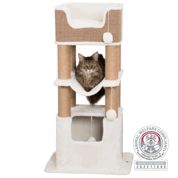 Eine flauschige braune Katze sitzt auf einem mehrstöckigen Katzenbaum mit einem gemütlichen Platz, Kratzpfosten und einem hängenden Spielzeug, plus einem Tierschutzabzeichen.