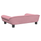Ein rosa Haustiersofa mit einer geschwungenen Rückenlehne und schwarzen Beinen, entworfen für kleine Hunde oder Katzen.