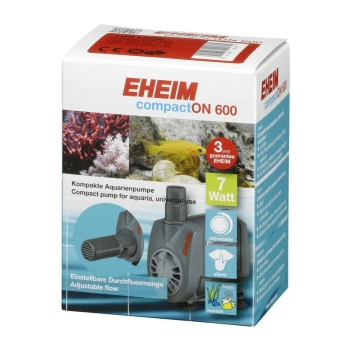 aquariumpomp CompactON 600 EHEIM compactON 600 aquarium pomp verpakking met koraal, een gele vis en details over instelbare doorstroming, 7 watt en een garantie van 3 jaar.