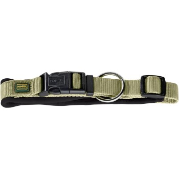 Olivgrünes Hundehalsband mit einer schwarzen Schnalle und D-Ring, mit dem "HUNTER"-Logo auf einem kleinen Patch.
