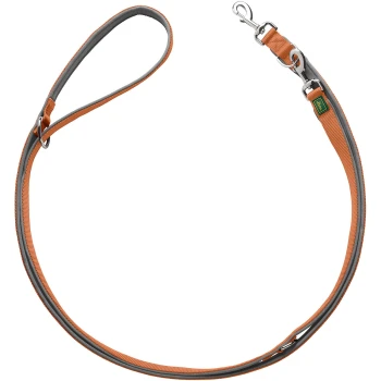 Eine orange-graue Hundeleine mit einem gepolsterten Griff und einem Metallclip zur Befestigung, vor einem weißen Hintergrund präsentiert.