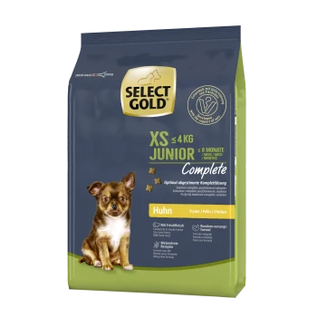 Select Gold XS Junior Hundefuttertüte für kleine Rassen, mit einem Chihuahua auf der Vorderseite, mit der Aufschrift "Vollständig" und "Huhn".