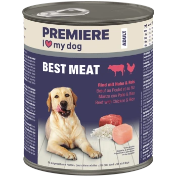 Dose von Premiere 'I ♥ my dog' Erwachsenenfutter mit Aufschrift BEST MEAT — Rind mit Huhn & Reis; Foto eines gelben Labradors.