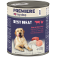 Dose von Premiere 'I ♥ my dog' Erwachsenenfutter mit Aufschrift BEST MEAT — Rind mit Huhn & Reis; Foto eines gelben Labradors.