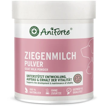 AniForte rosa-weißes Döschen mit Aufschrift ‚ZIEGENMILCH PULVER (Goat Milk Powder)‘ — unterstützt Vitalität.