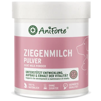 AniForte rosa-weißes Döschen mit Aufschrift ‚ZIEGENMILCH PULVER (Goat Milk Powder)‘ — unterstützt Vitalität.