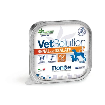 VetSolution Renal- und Oxalat-Hundefutterverpackung von Monge, mit Symbolen für Präbiotika, Nukleotide und Elektrolytgleichgewicht.