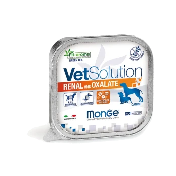VetSolution Renal- und Oxalat-Hundefutterverpackung von Monge, mit Symbolen für Präbiotika, Nukleotide und Elektrolytgleichgewicht.