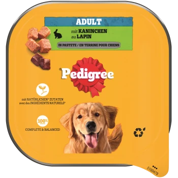 Pedigree Adult Hundefutter-Schale, Kaninchen (mit KANINCHEN / au LAPIN) Pastete, gelb, lächelnder Golden Retriever, Pedigree-Rosette
