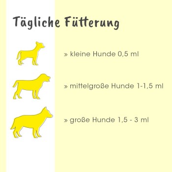 Täglicher Fütterungsleitfaden für Hunde: kleine Hunde 0,5 ml, mittelgroße Hunde 1-1,5 ml, große Hunde 1,5-3 ml, mit gelben Hundillustrationen.