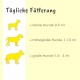 Täglicher Fütterungsleitfaden für Hunde: kleine Hunde 0,5 ml, mittelgroße Hunde 1-1,5 ml, große Hunde 1,5-3 ml, mit gelben Hundillustrationen.