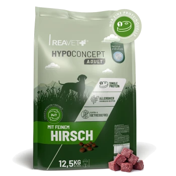 Grüne REAVET HYPOCONCEPT ADULT Hundefuttertüte mit Aufschrift 'Mit feinem Hirsch', 12,5 kg, Single Protein, allergikerfreundlich.