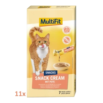 MultiFit Snack Cream Verpackung für Katzen, die eine verspielte orange Katze, eine Schüssel mit cremigem Snack und den Text "Snack Cream mit Pute" zeigt.
