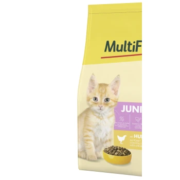 Katzenfuttertüte mit einem verspielten orangefarbenen Kätzchen, beschriftet mit 'MultiFit JUNIOR' Hühnergeschmack, 4 kg, fördert die Gesundheit von Knochen, Zähnen, Haut und Fell.