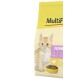 Katzenfuttertüte mit einem verspielten orangefarbenen Kätzchen, beschriftet mit 'MultiFit JUNIOR' Hühnergeschmack, 4 kg, fördert die Gesundheit von Knochen, Zähnen, Haut und Fell.
