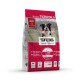 Hundefutterbeutel mit der Aufschrift "TJURE" und einem lächelnden Hund, mit "Premium Alleinfutter mit Rind" und "70% tierisches Protein."