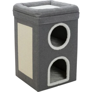 Katzenturm Saul Grauer Haustier-Kondominium mit zwei runden Öffnungen, einem weichen Oberteil und einer strukturierten Kratzseite. Ideal für Katzen.