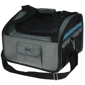 Grau Haustiertragebeutel mit schwarzem Netzoberteil, Seitentasche und verstellbarem Gurt, mit einem "KERBL Pet"-Logo.