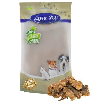 Lyra Pet Hundeleckerlipackung mit drei Hunden auf der Vorderseite, beschriftet mit "Lyra Nature Power", mit einem Haufen Leckerlis davor.